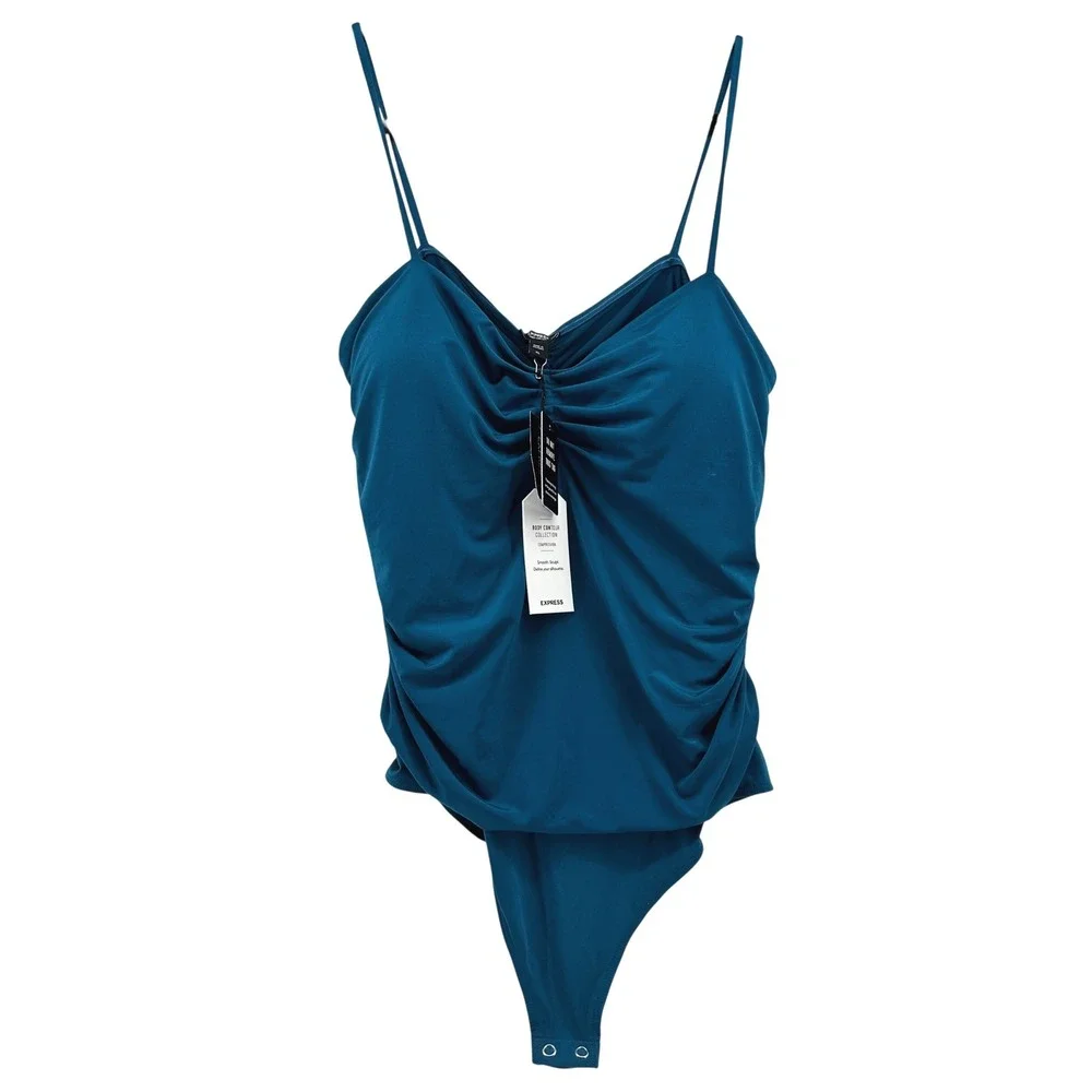 Express Body Contour Bodysuit Women XL Teal Ruched Compression Thong New - Picture 1 of 9